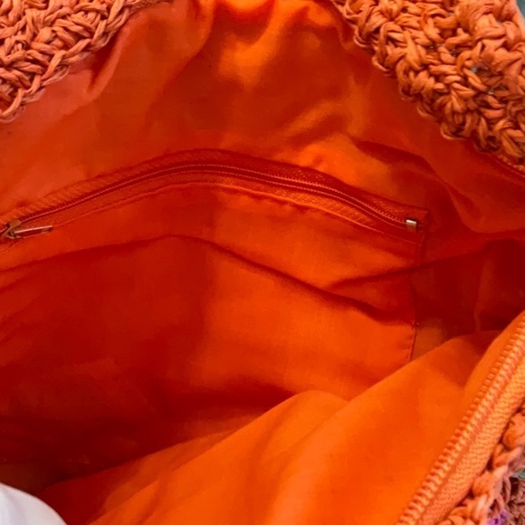 VINTAGE ORANGE STRAW BAG WITH BEAUTIFUL PINK AND YELLOW FLOWERS - Picture 5 of 5